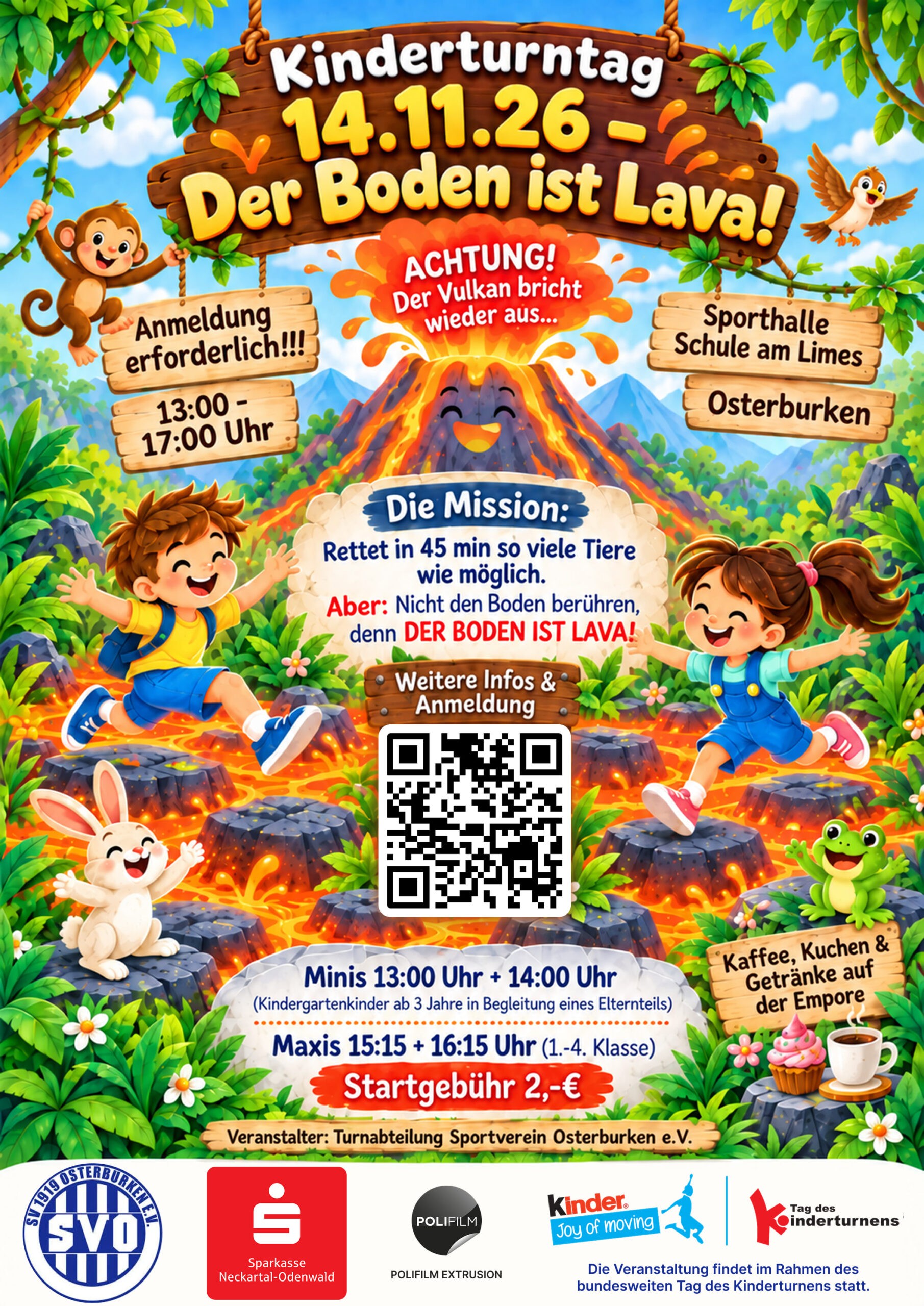 Flyer zum Kinderturntag am 14.11.2026 in der Sporthalle Schule am Limes Osterburken: Der Boden ist Lava! Zwei Kinder hüpfen über Steine vor einem Vulkan, dazu Hase, Frosch und Affe. Durchgänge Minis 13:00 und 14:00 Uhr, Maxis 15:15 und 16:15 Uhr, Startgebühr 2 Euro.
