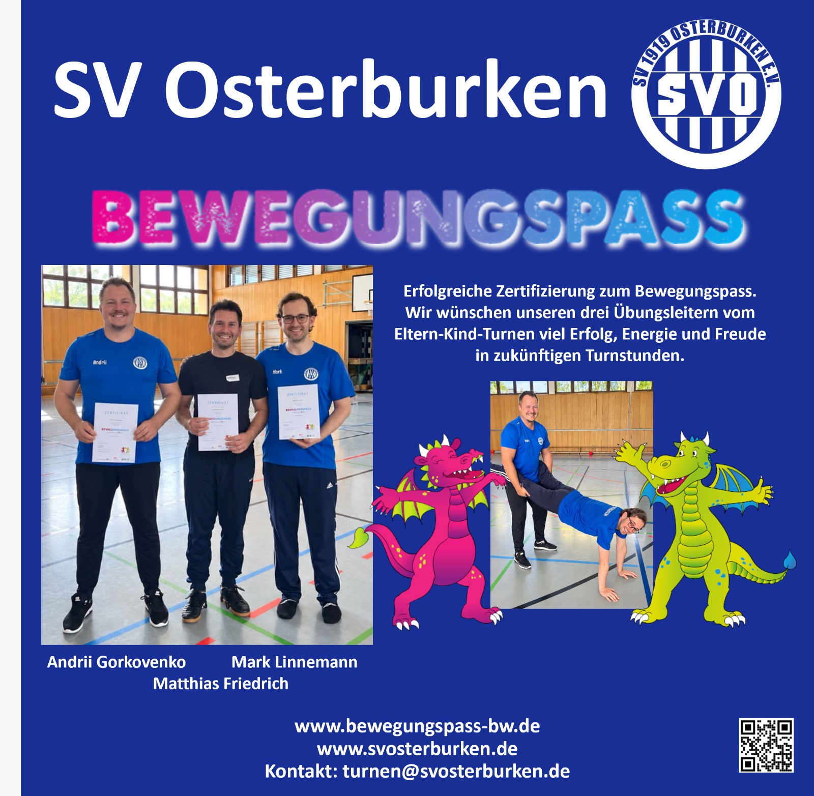 Plakat des SV Osterburken zum Bewegungspass: Die Übungsleiter Andrii Gorkovenko, Matthias Friedrich und Mark Linnemann halten in der Turnhalle ihre Zertifikate in die Kamera. Daneben ein Foto einer Partnerübung und zwei Bewegungspass-Drachen.
