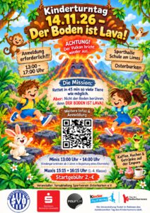 Flyer zum Kinderturntag „Der Boden ist Lava!“ des SV Osterburken am Samstag, 14. November 2026, in der Sporthalle der Schule am Limes Osterburken. Durchgänge: Minis um 13:00 und 14:00 Uhr, Maxis um 15:15 und 16:15 Uhr, Startgebühr 2 Euro.